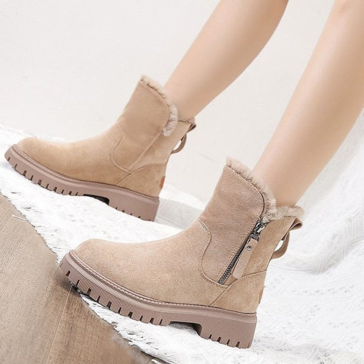 Elise | Bottines Femme Doublure Polaire Fermeture Latérale Talon Chunky - Beige