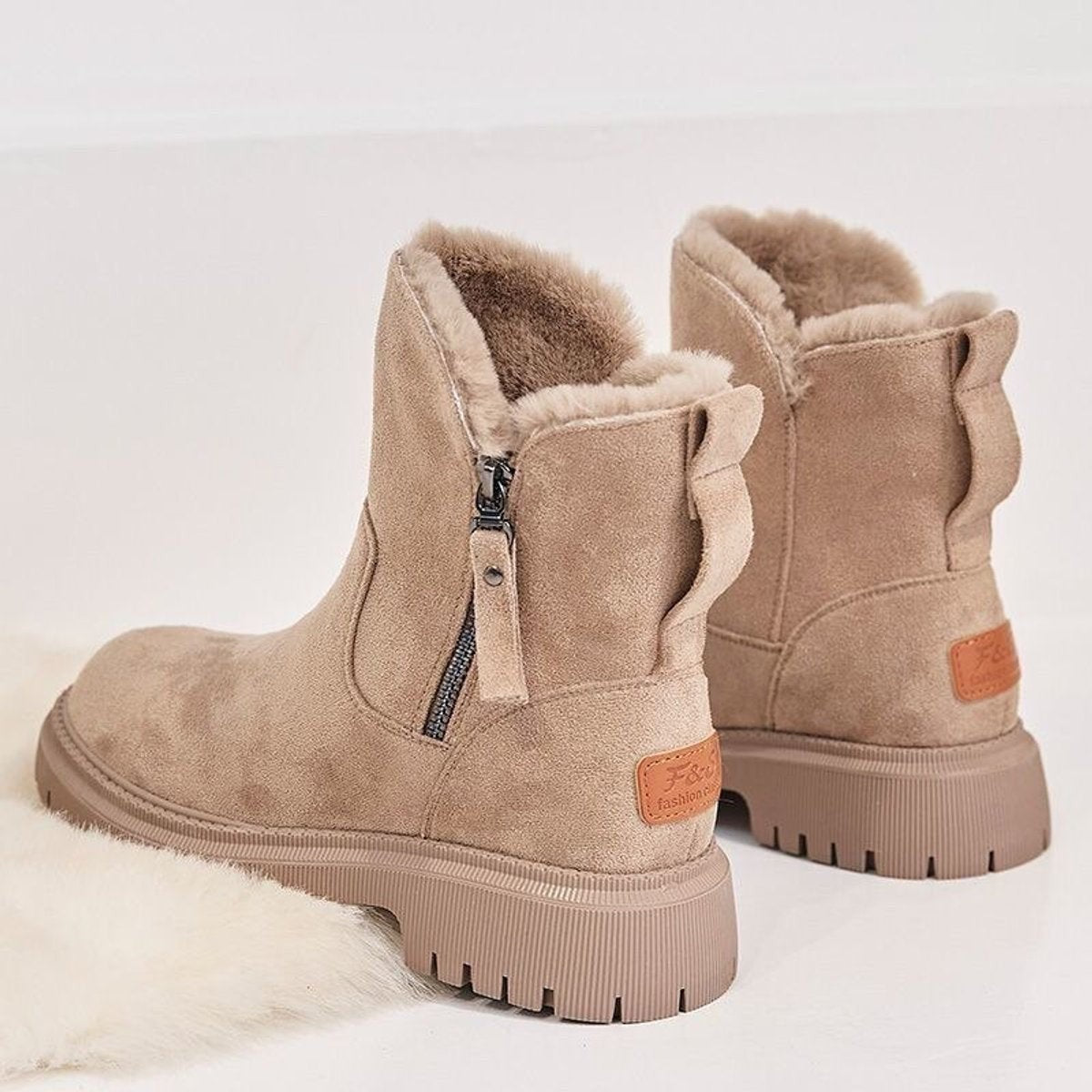 Elise | Bottines Femme Doublure Polaire Fermeture Latérale Talon Chunky - Beige