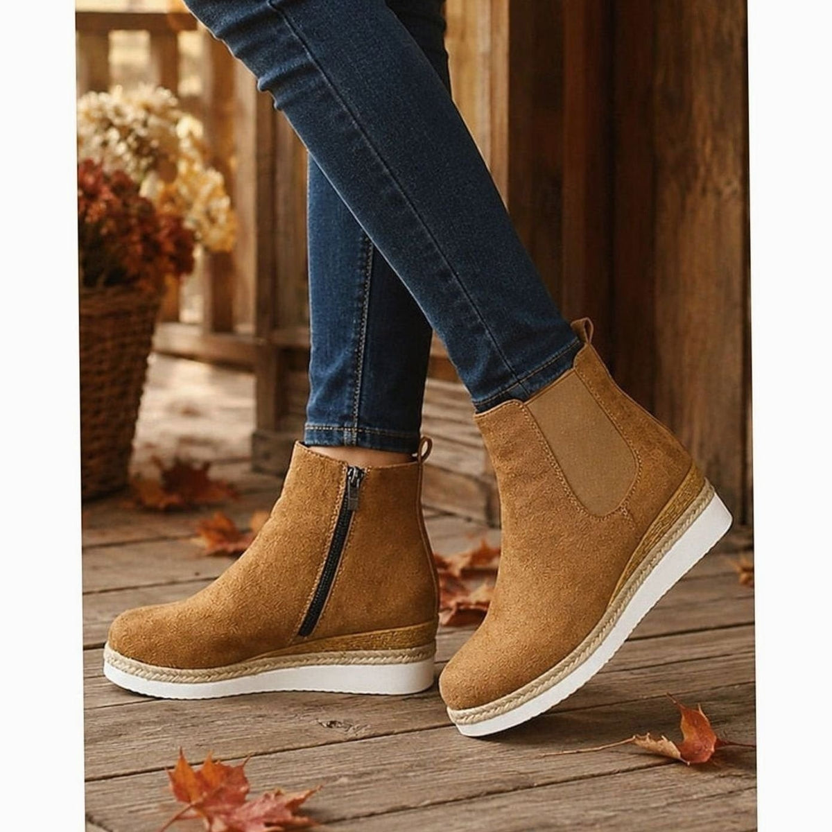 Elise | Bottines Femme Talon Compensé Suède Fermeture Éclair Latérale - Marron