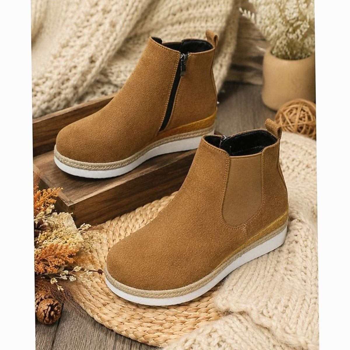 Elise | Bottines Femme Talon Compensé Suède Fermeture Éclair Latérale - Marron