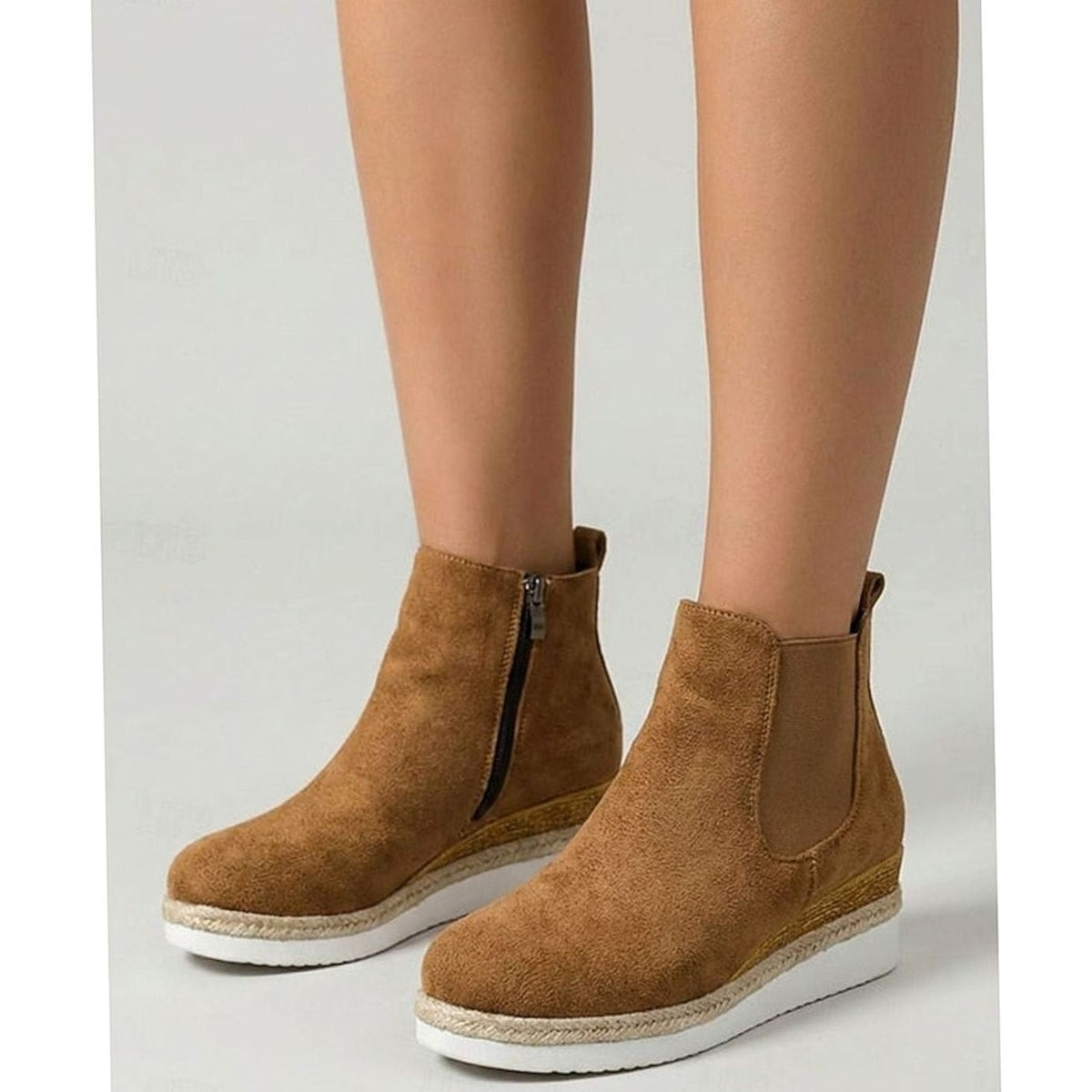 Elise | Bottines Femme Talon Compensé Suède Fermeture Éclair Latérale - Marron