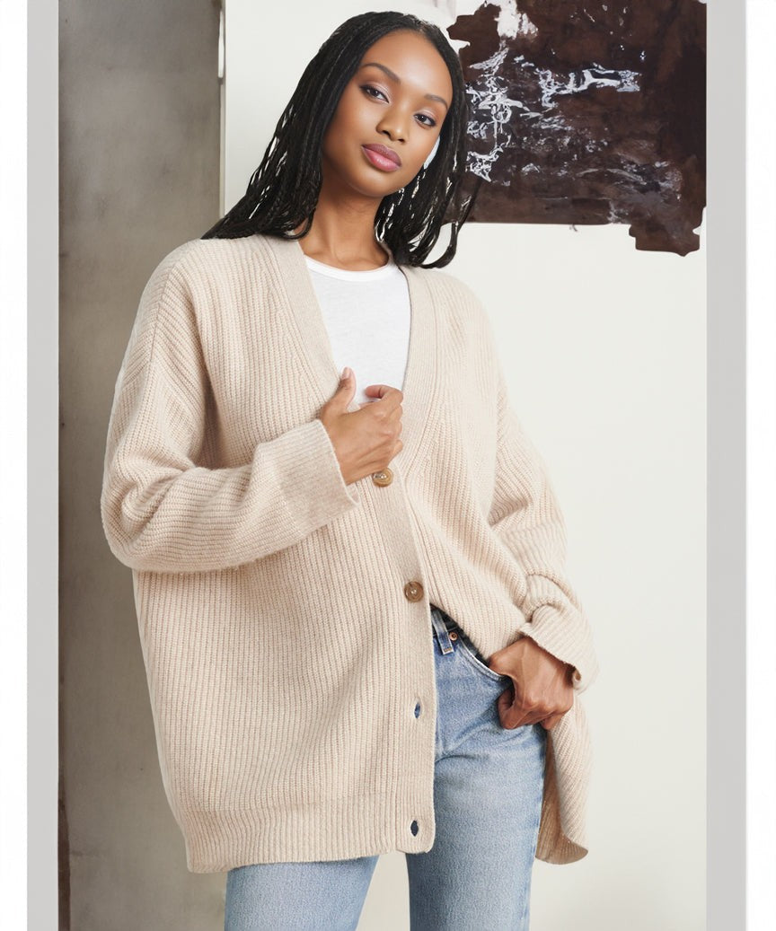 Elise | Cardigan pour Femme Coupe Ample Tricot Structuré Fermeture Boutonnée - Beige