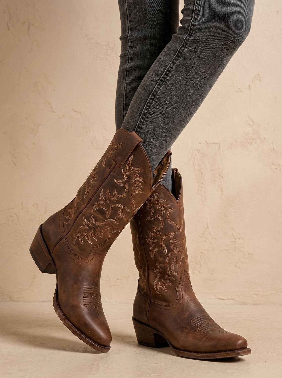 Elise | Dames Broderie Western Talon Bloc Botte Mi-Mollet Bout Pointu - Marron