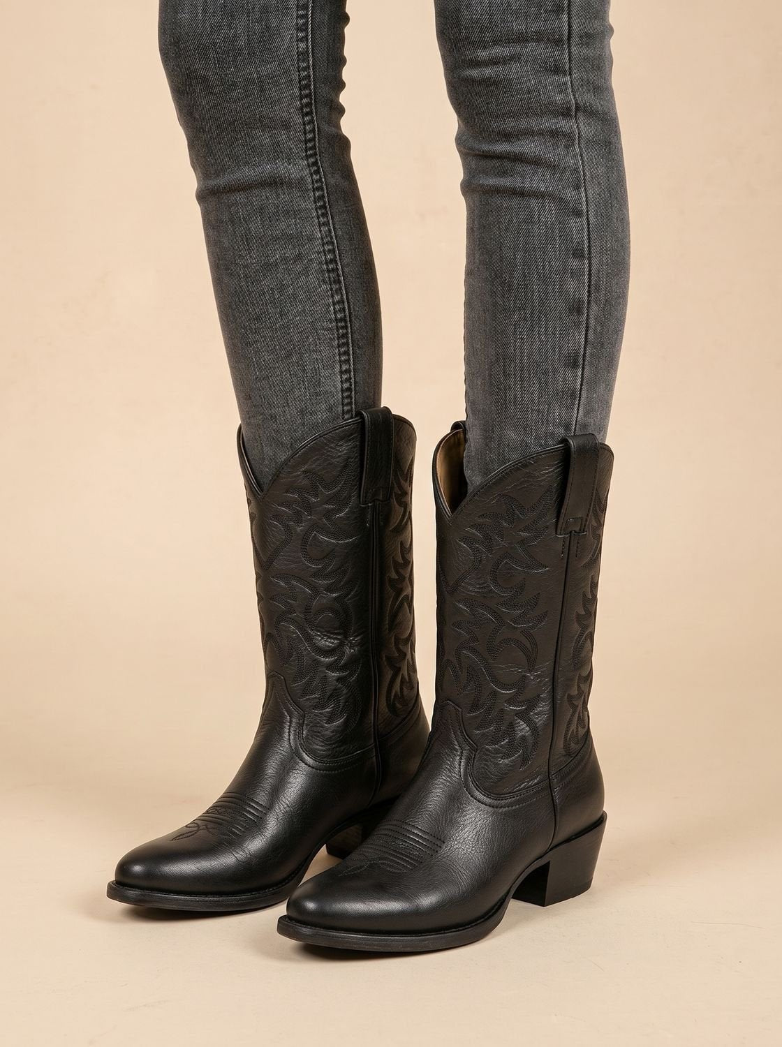 Elise | Dames Broderie Western Talon Bloc Botte Mi-Mollet Bout Pointu - Noir