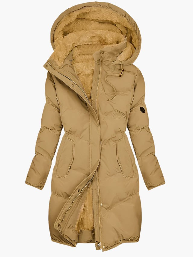 Elise | Manteau d'hiver pour Femme Long Capuche Simili-fourrure Doublure Chaude - Jaune