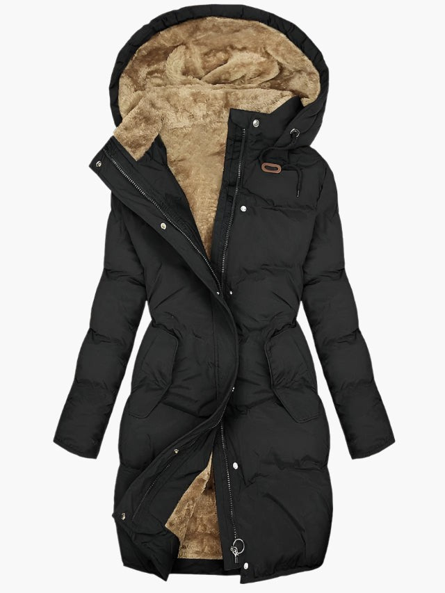 Elise | Manteau d'hiver pour Femme Long Capuche Simili-fourrure Doublure Chaude - Noir
