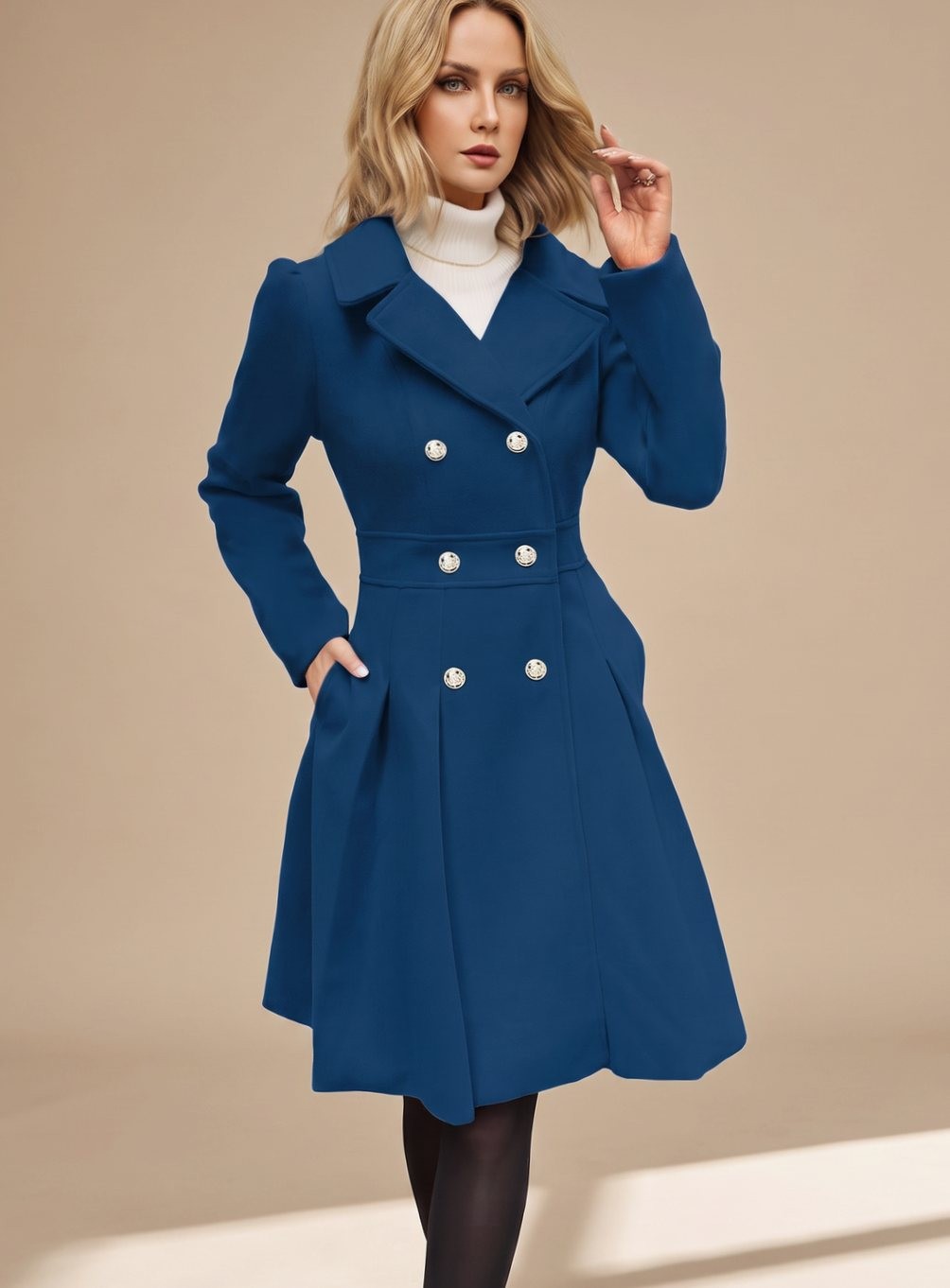 Elise | Manteau pour Femme Taillé Doublure Évasée Revers Larges Poches - Bleu