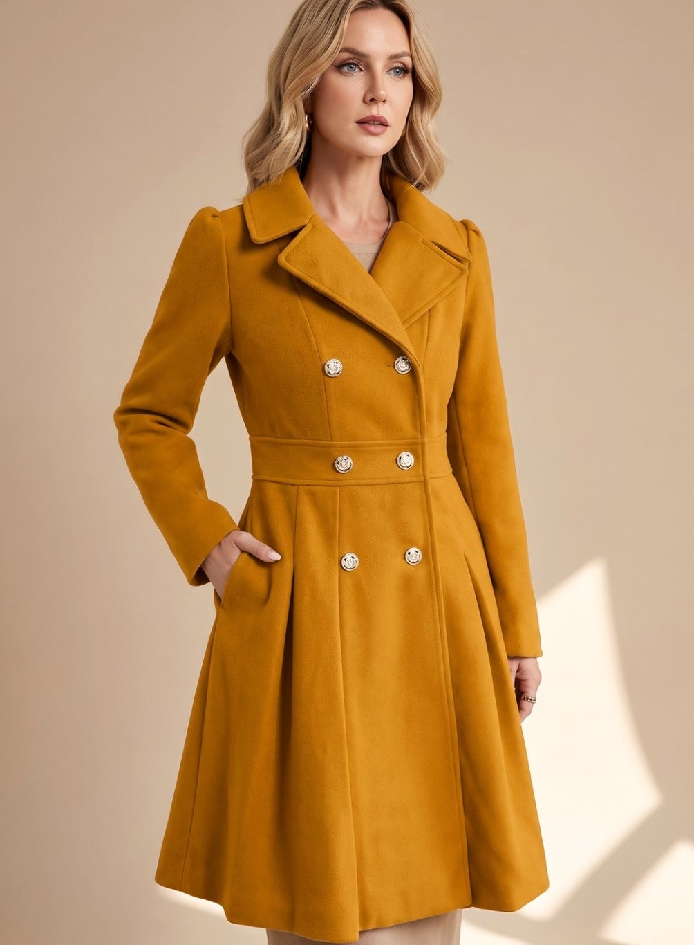 Elise | Manteau pour Femme Taillé Doublure Évasée Revers Larges Poches - Jaune