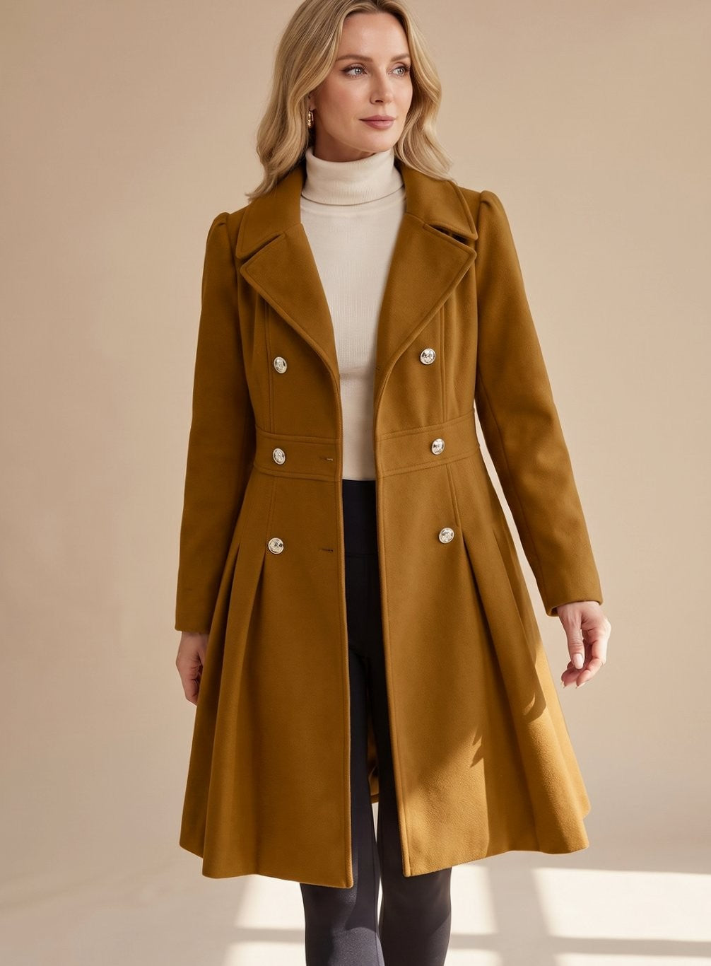 Elise | Manteau pour Femme Taillé Doublure Évasée Revers Larges Poches - Marron