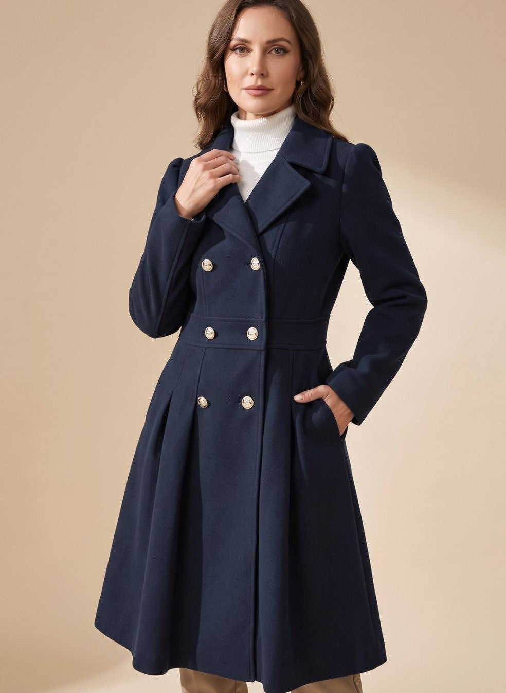 Elise | Manteau pour Femme Taillé Doublure Évasée Revers Larges Poches - Marron