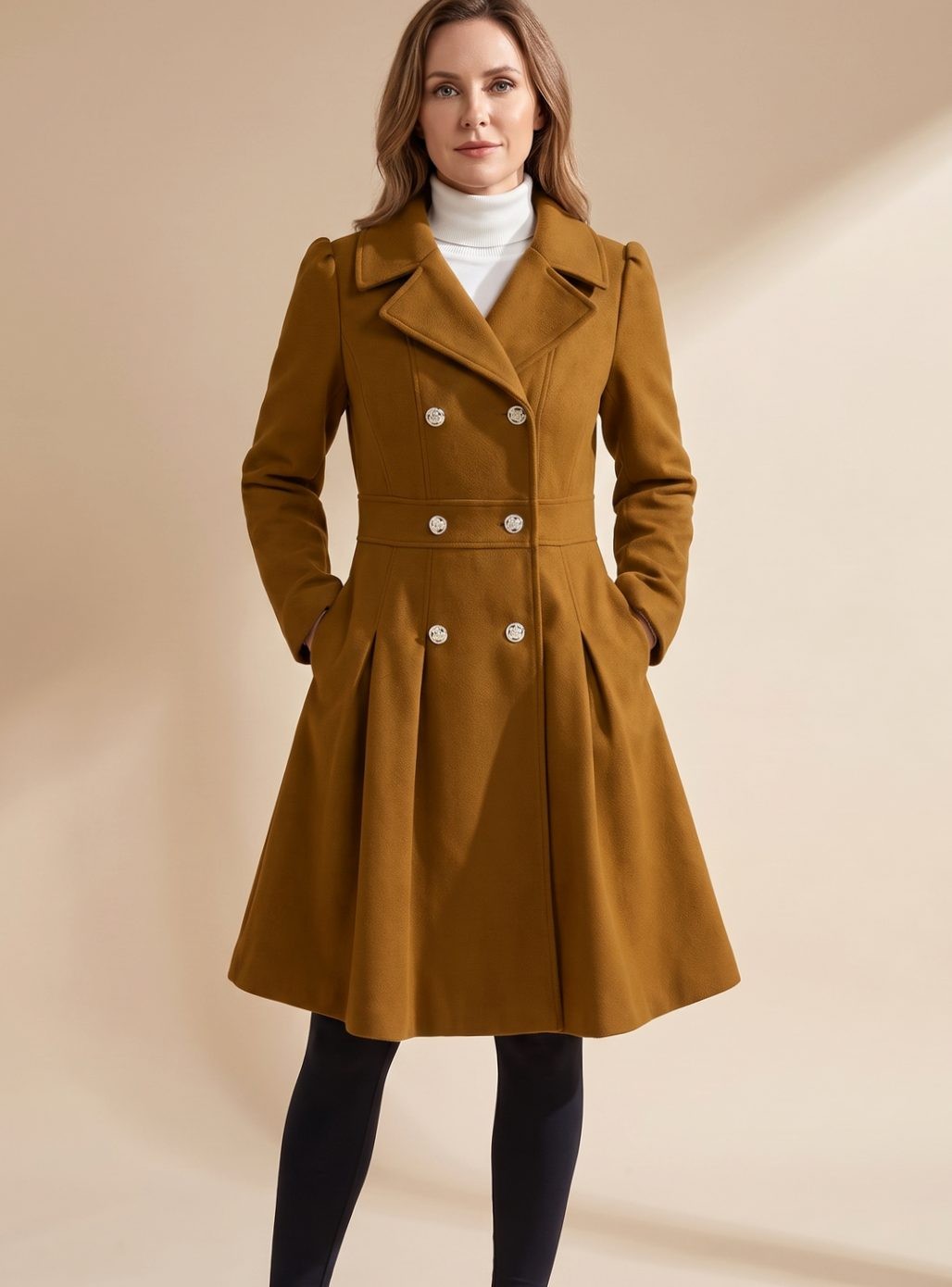 Elise | Manteau pour Femme Taillé Doublure Évasée Revers Larges Poches - Marron