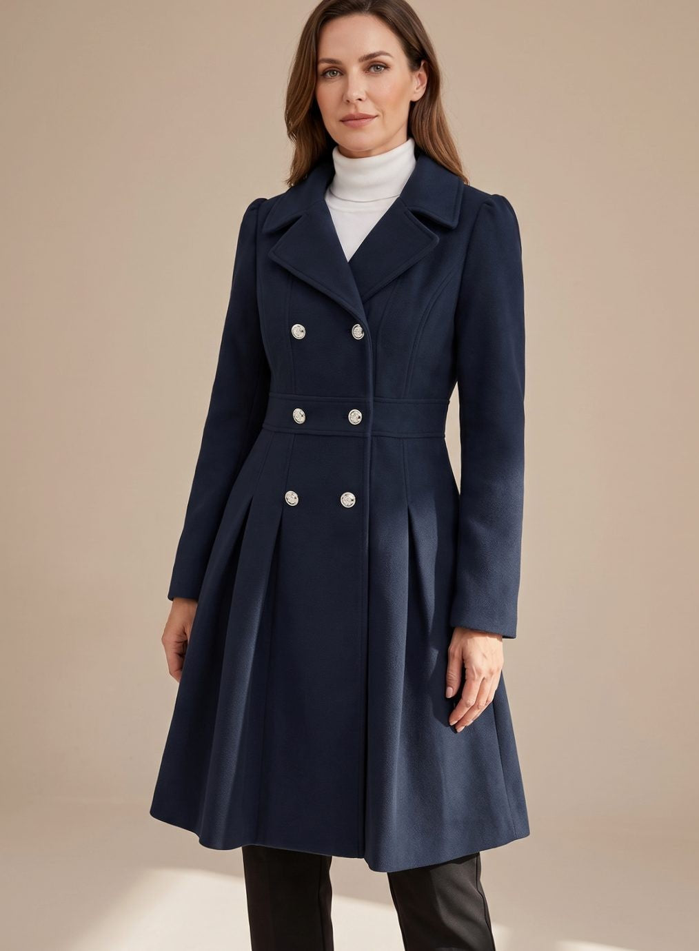 Elise | Manteau pour Femme Taillé Doublure Évasée Revers Larges Poches - Noir