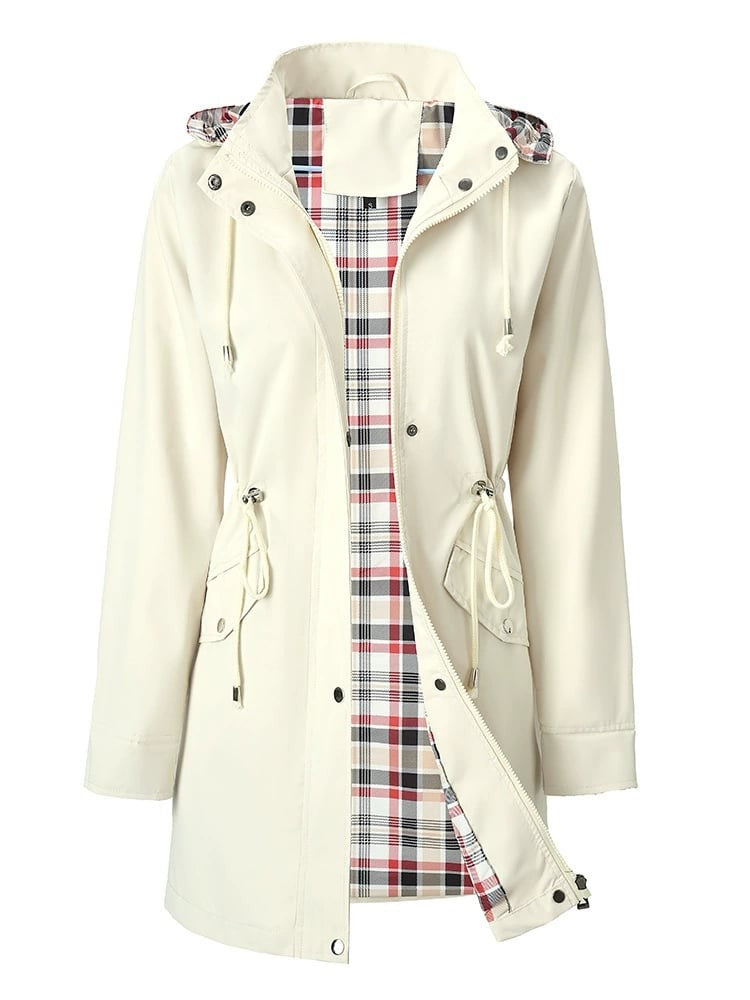 Elise | Pour Femme Imperméable Long Capuche Détachable Doublure Carreaux - Blanc