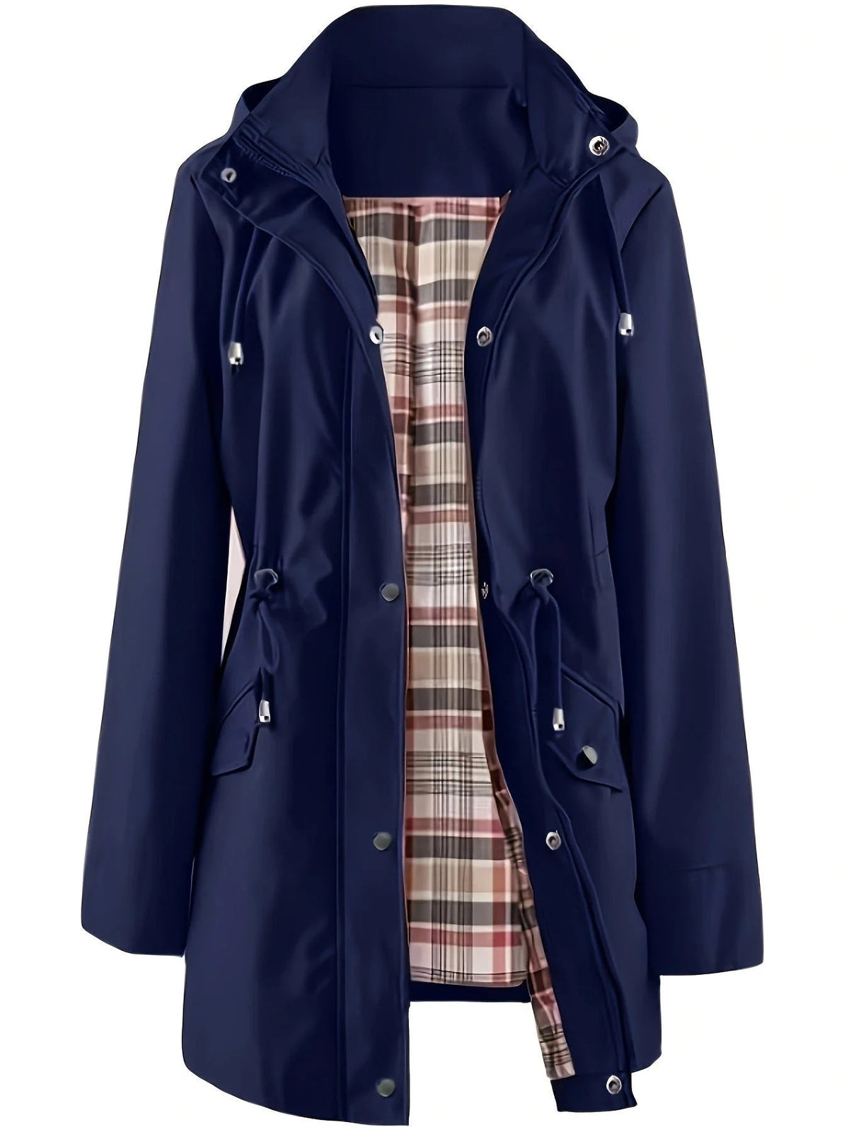 Elise | Pour Femme Imperméable Long Capuche Détachable Doublure Carreaux - Bleu Marine
