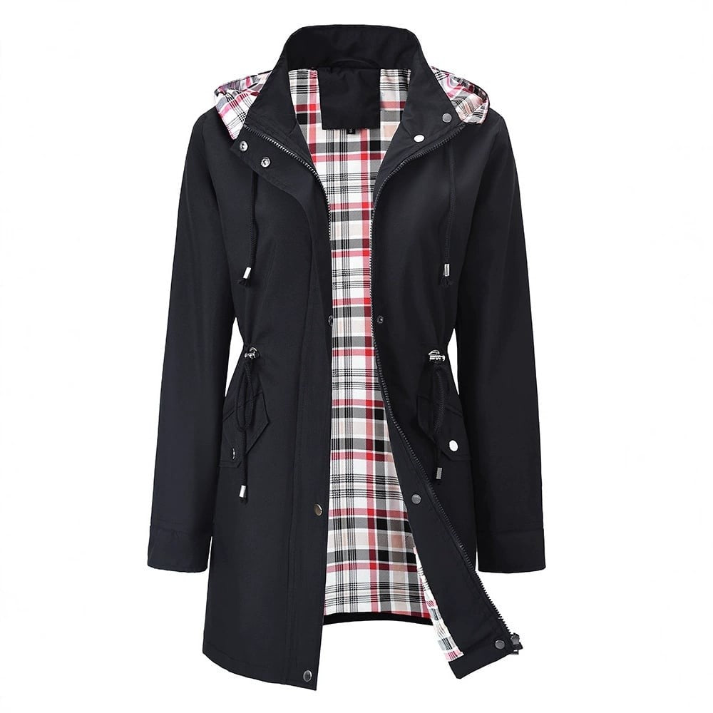 Elise | Pour Femme Imperméable Long Capuche Détachable Doublure Carreaux - Noir