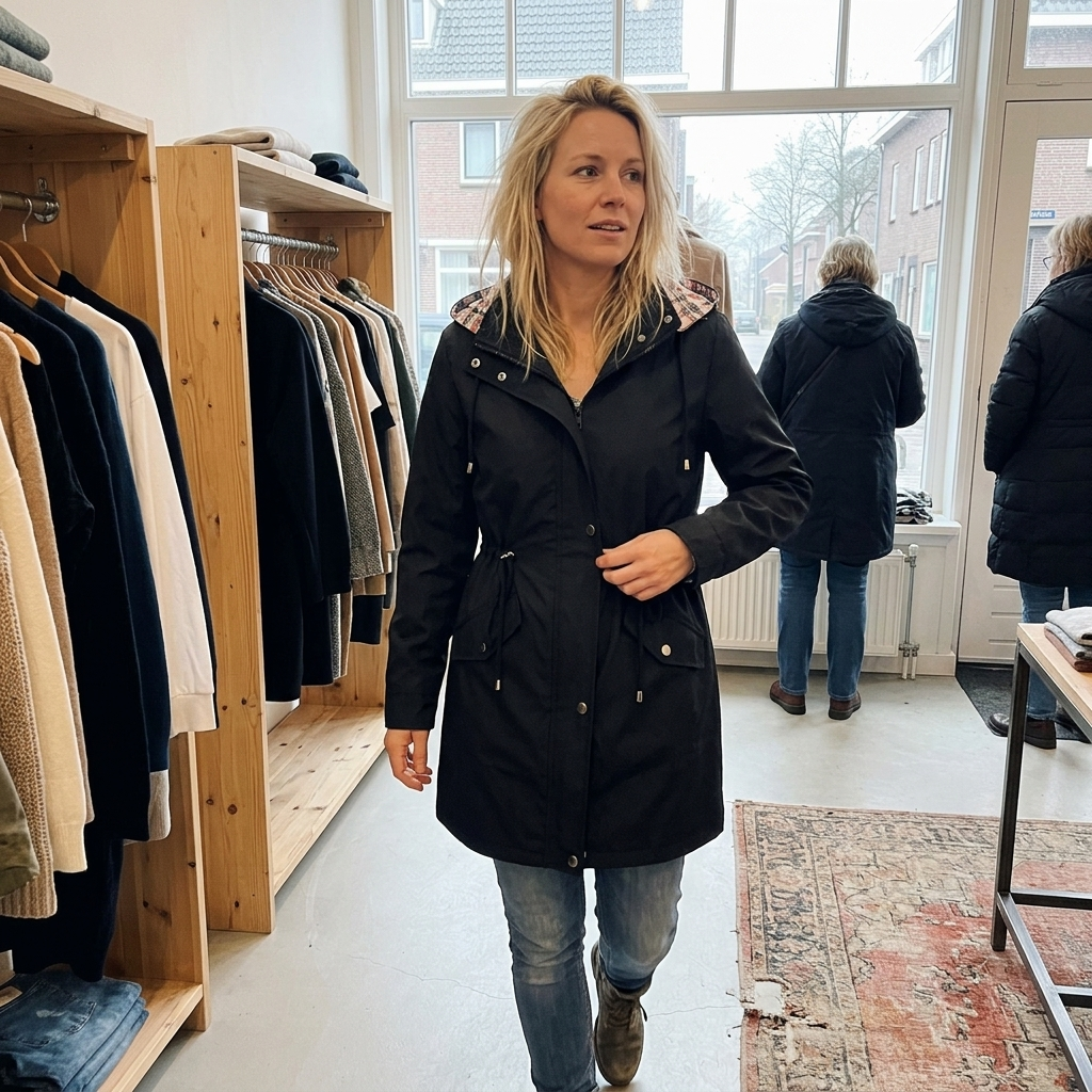 Elise | Pour Femme Imperméable Long Capuche Détachable Doublure Carreaux - Noir