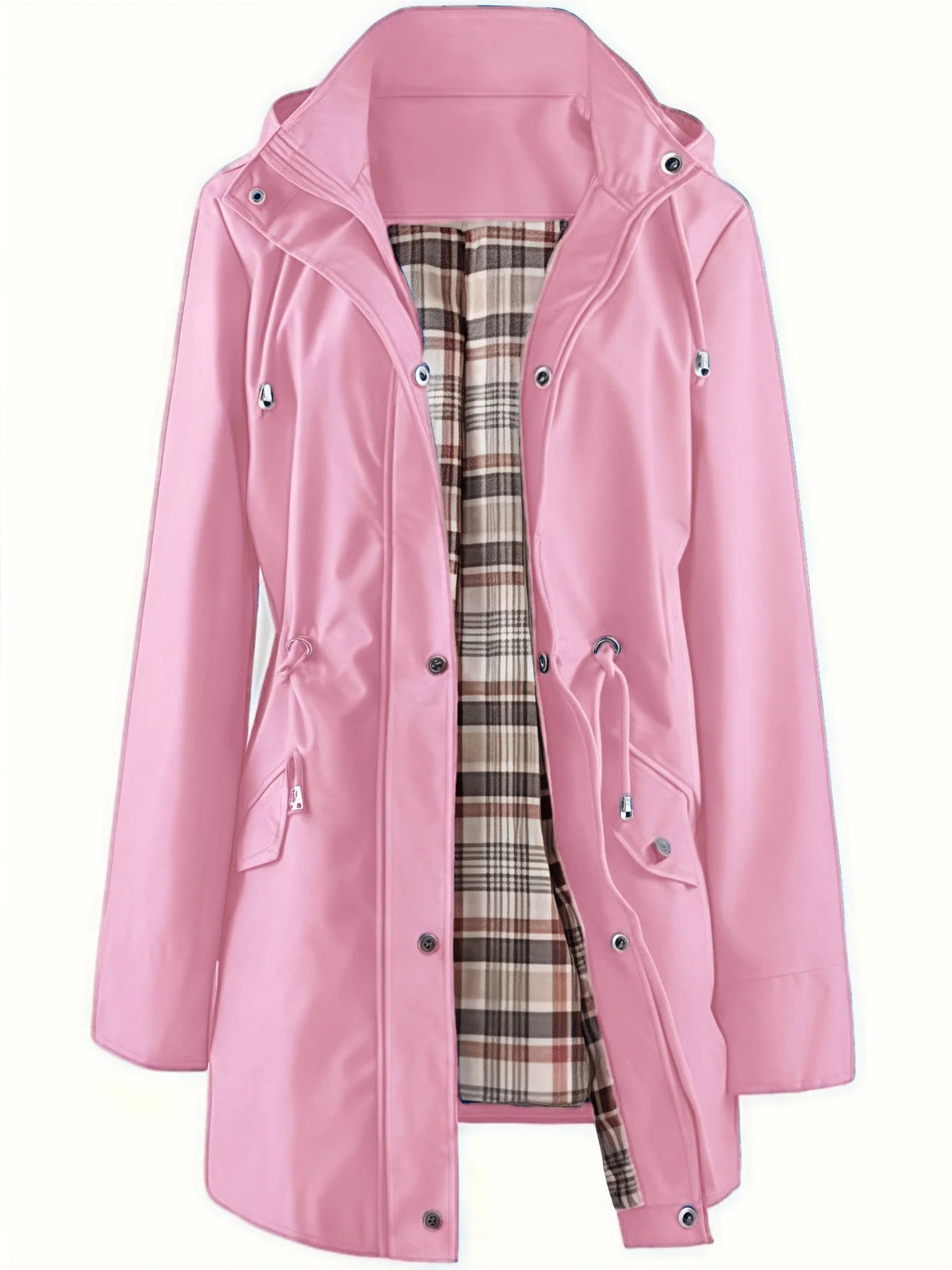 Elise | Pour Femme Imperméable Long Capuche Détachable Doublure Carreaux - Rose