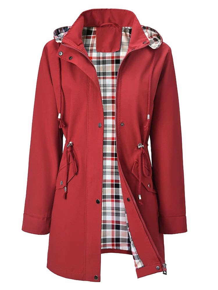 Elise | Pour Femme Imperméable Long Capuche Détachable Doublure Carreaux - Rouge