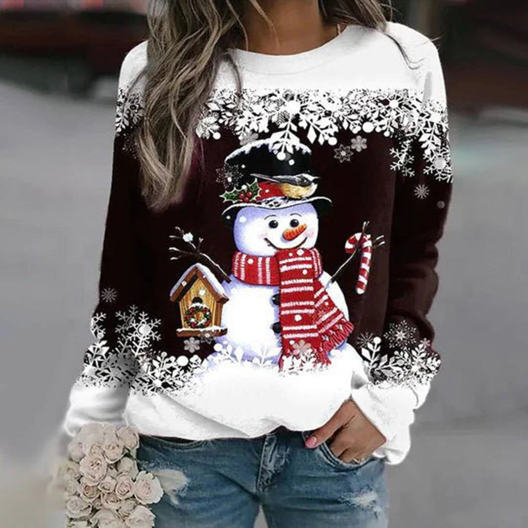 Elise | Pull de noël pour Femme Motif Bonhomme de Neige Coupe Ample Manches Longues - Marron