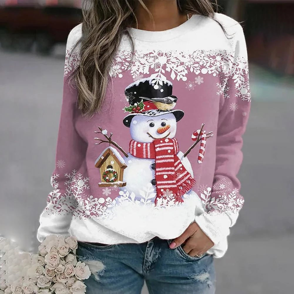 Elise | Pull de noël pour Femme Motif Bonhomme de Neige Coupe Ample Manches Longues - Rose