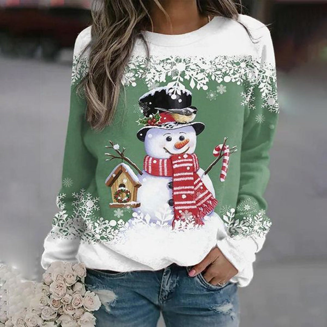Elise | Pull de noël pour Femme Motif Bonhomme de Neige Coupe Ample Manches Longues - Vert