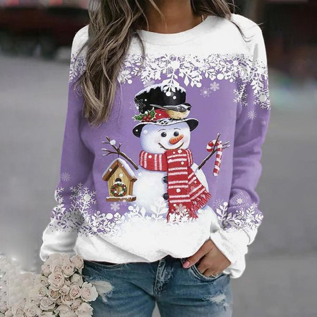 Elise | Pull de noël pour Femme Motif Bonhomme de Neige Coupe Ample Manches Longues - Violet