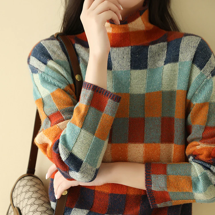 Elise | Pull pour Femme Colorblock à Motif Carreaux Manches Longues - Unique