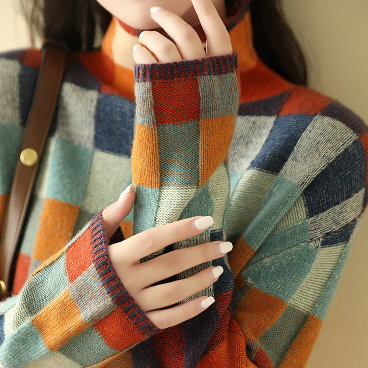 Elise | Pull pour Femme Colorblock à Motif Carreaux Manches Longues - Unique