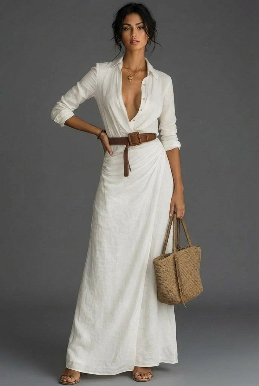 Elise | Robe Maxi Femme Lin Portefeuille Manches Longues Col Chemise - Blanc