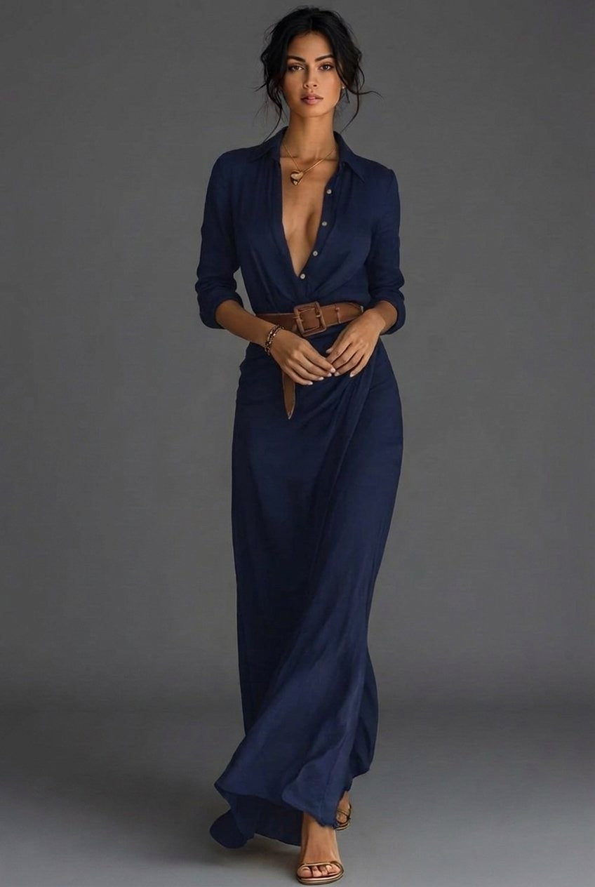 Elise | Robe Maxi Femme Lin Portefeuille Manches Longues Col Chemise - Bleu Marine