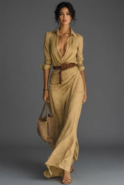 Elise | Robe Maxi Femme Lin Portefeuille Manches Longues Col Chemise - Kaki