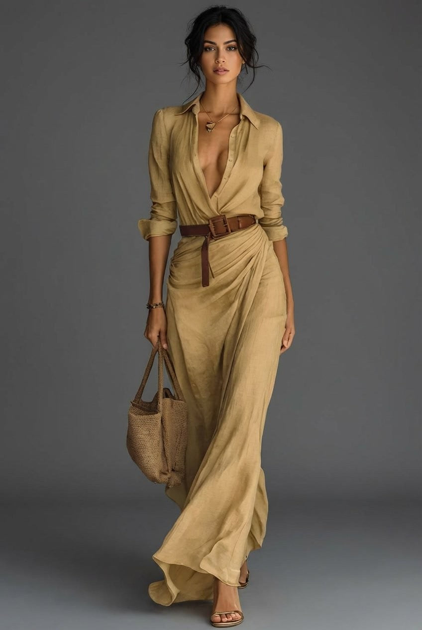 Elise | Robe Maxi Femme Lin Portefeuille Manches Longues Col Chemise - Kaki