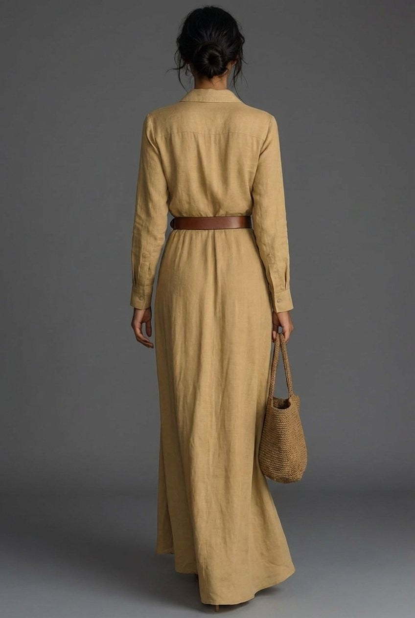 Elise | Robe Maxi Femme Lin Portefeuille Manches Longues Col Chemise - Kaki