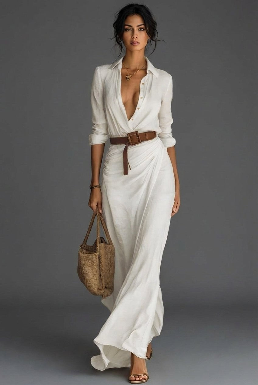Elise | Robe Maxi Femme Lin Portefeuille Manches Longues Col Chemise - Kaki
