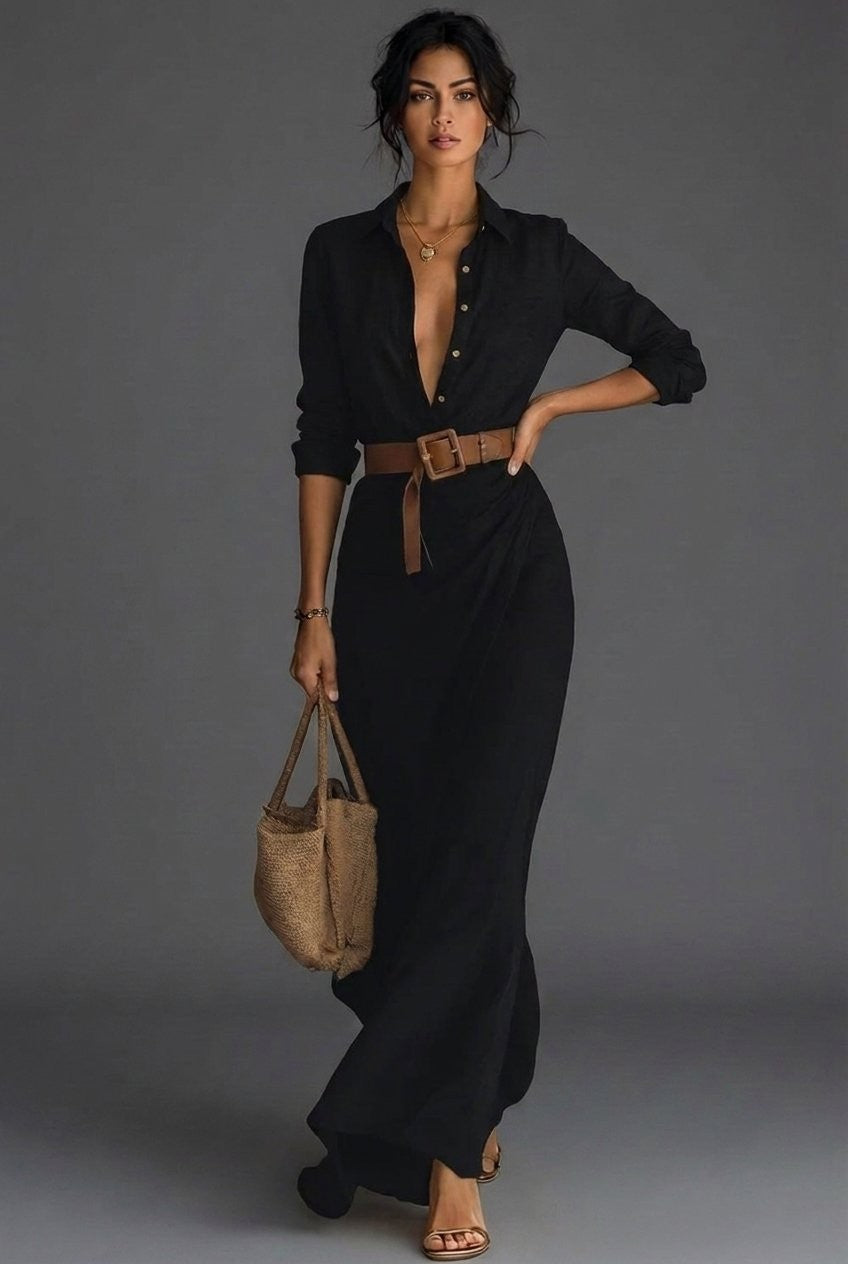 Elise | Robe Maxi Femme Lin Portefeuille Manches Longues Col Chemise - Noir