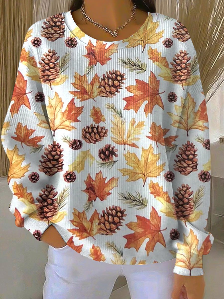 Elise | Sweatshirt Femme Coupe Décontractée Imprimé Automnal Feuilles Manches Longues Col Rond - Multicolore