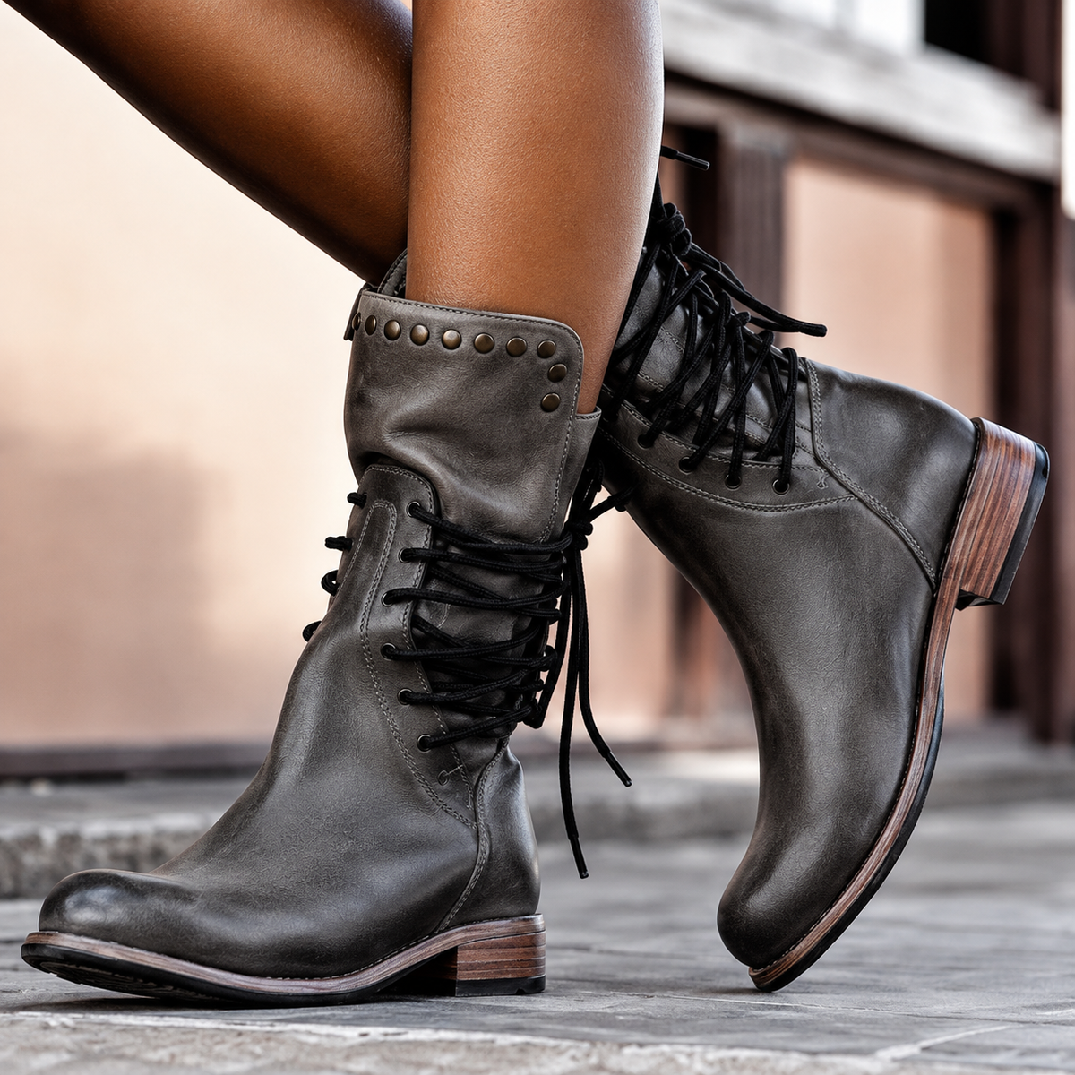 Emma | Bottes Femme Mi-Mollet Laçage Croisé Talon Carré Doublure Polaire - Gris