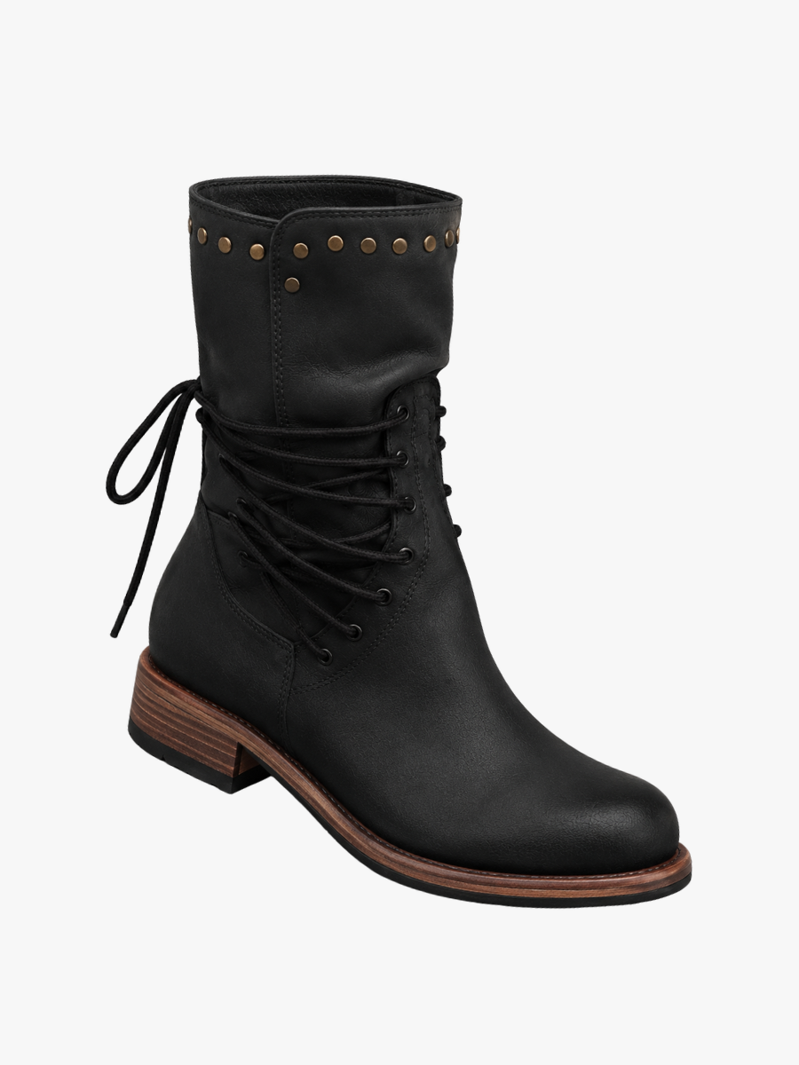 Emma | Bottes Femme Mi-Mollet Laçage Croisé Talon Carré Doublure Polaire - Marron
