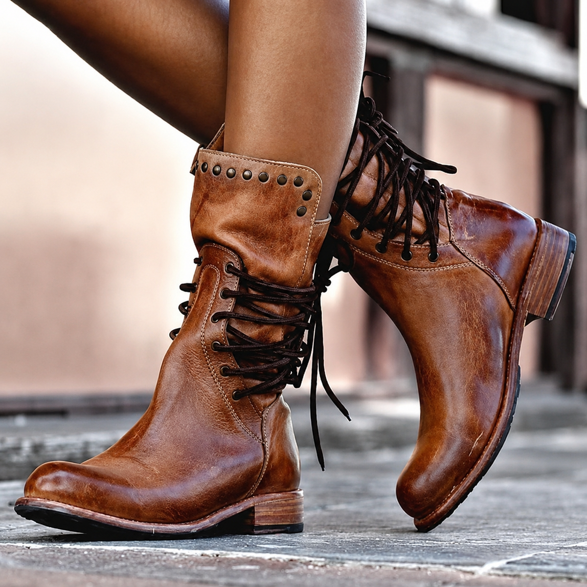 Emma | Bottes Femme Mi-Mollet Laçage Croisé Talon Carré Doublure Polaire - Marron