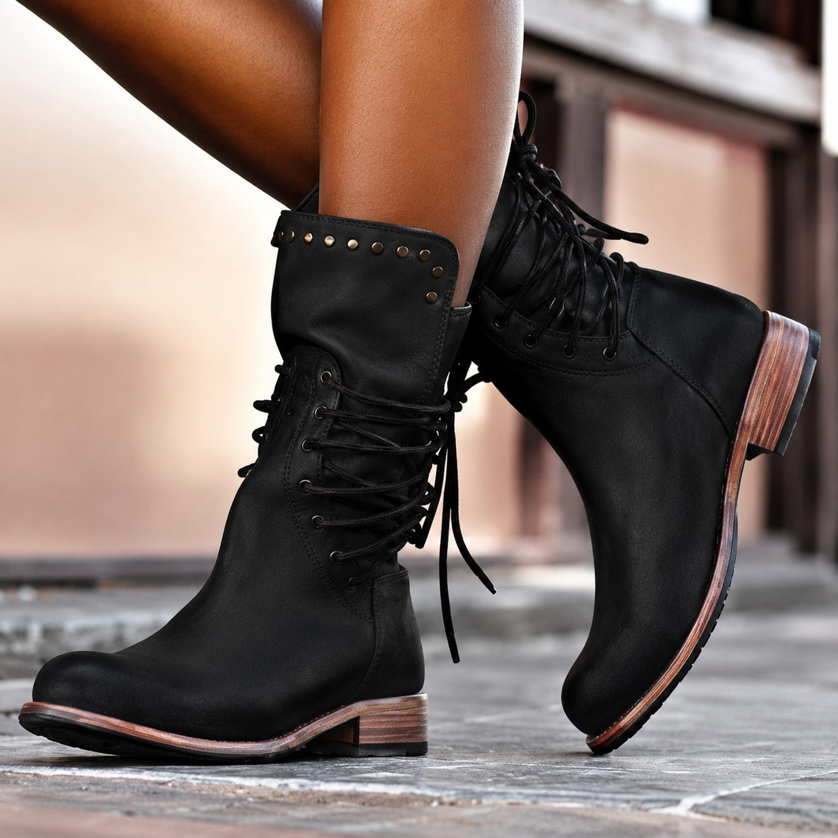 Emma | Bottes Femme Mi-Mollet Laçage Croisé Talon Carré Doublure Polaire - Noir