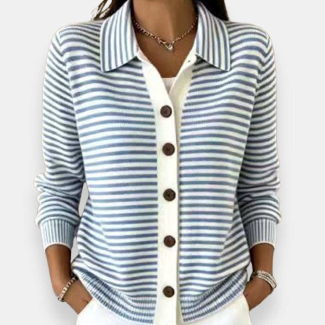 Emma | Cardigan pour Femme Rayé Coupe Ample Boutonné Col Classique - Bleu