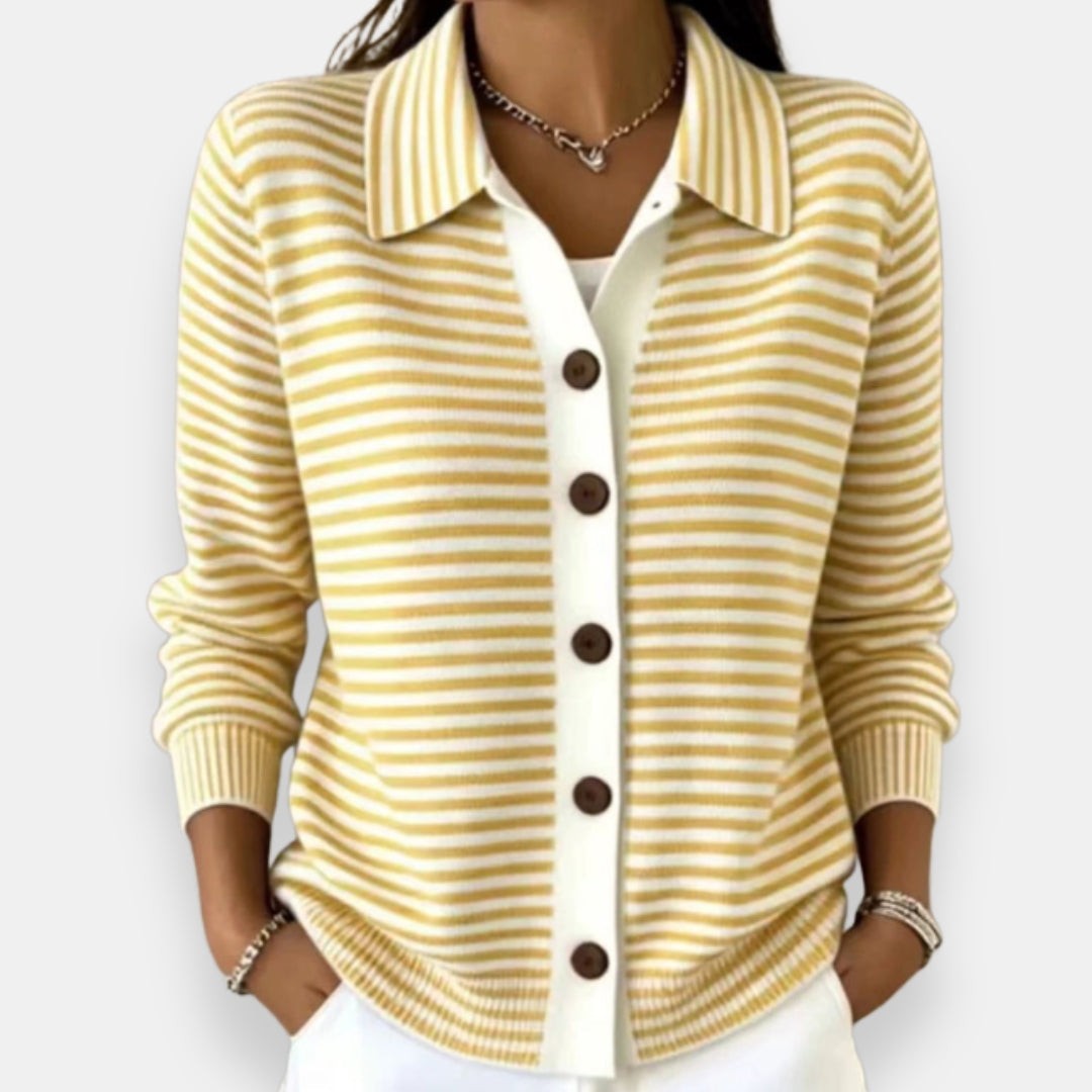 Emma | Cardigan pour Femme Rayé Coupe Ample Boutonné Col Classique - Jaune