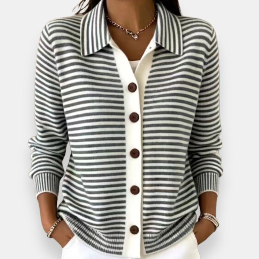 Emma | Cardigan pour Femme Rayé Coupe Ample Boutonné Col Classique - Noir