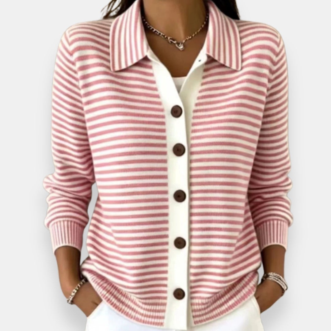 Emma | Cardigan pour Femme Rayé Coupe Ample Boutonné Col Classique - Rose
