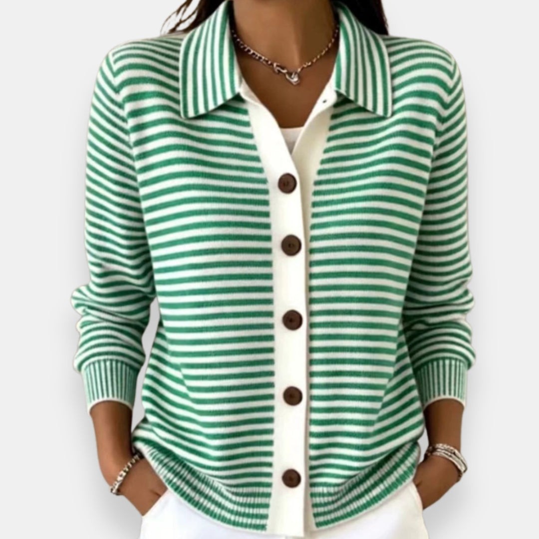 Emma | Cardigan pour Femme Rayé Coupe Ample Boutonné Col Classique - Vert