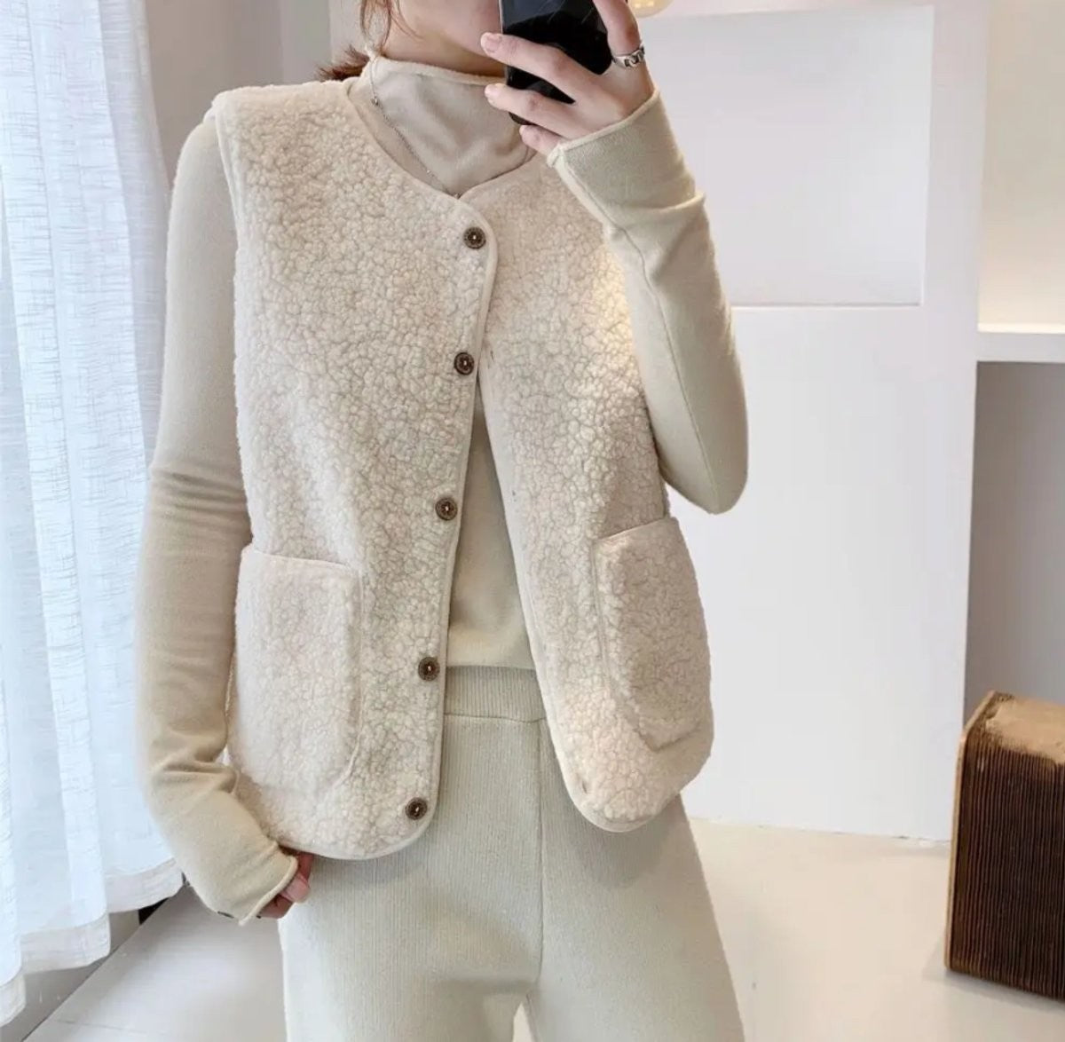 Emma | Dames Veste Polaire Réversible Col V Boutonnée Poches - Marron