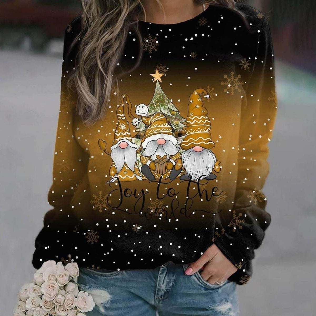 Emma | Pull de noël pour Femme Coupe Ample Col Rond Motif Lutin Festif - Orange