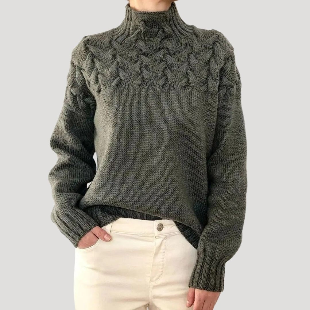 Emma | Pull pour Femme Col Roulé Tressé Coupe Ample - Gris