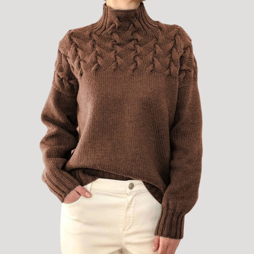 Emma | Pull pour Femme Col Roulé Tressé Coupe Ample - Marron
