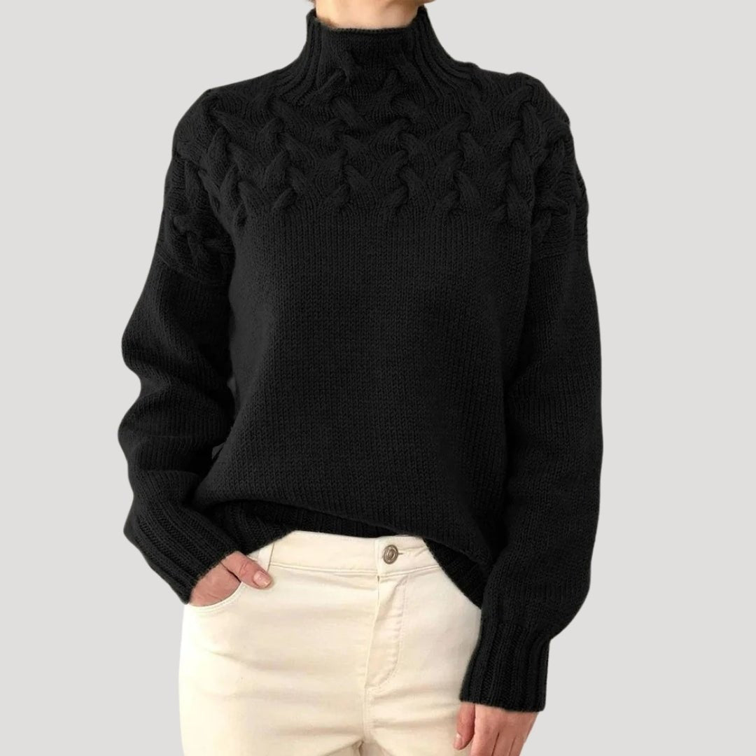 Emma | Pull pour Femme Col Roulé Tressé Coupe Ample - Noir